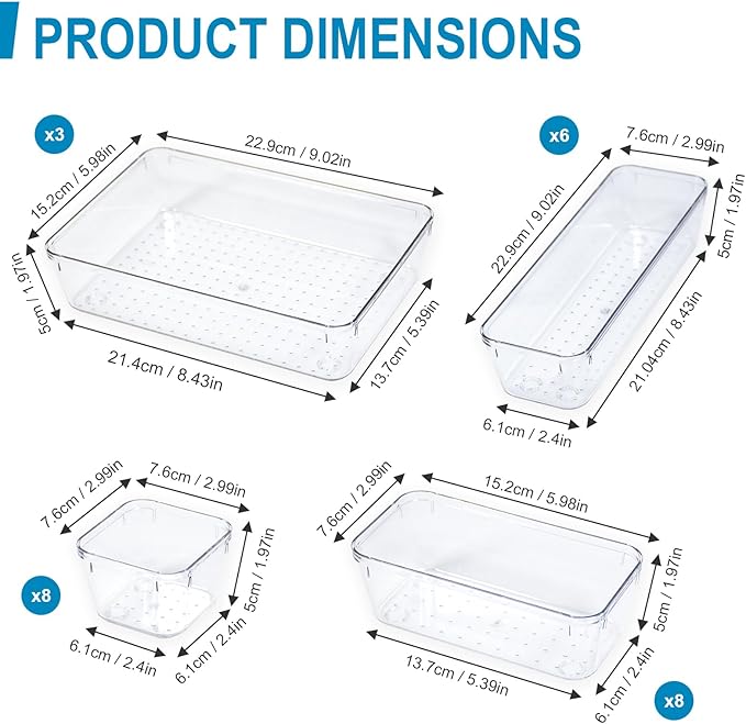 Clear Drawer Organiser Set Desk Drawer Dividers Makeup Organiser Divider Tray Utensil Cutlery Set Dressing Table Organisers for Bedroom Kitchen Bathromm Office Gadgets(25 Pack)