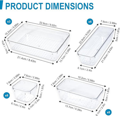 Clear Drawer Organiser Set Desk Drawer Dividers Makeup Organiser Divider Tray Utensil Cutlery Set Dressing Table Organisers for Bedroom Kitchen Bathromm Office Gadgets(25 Pack)