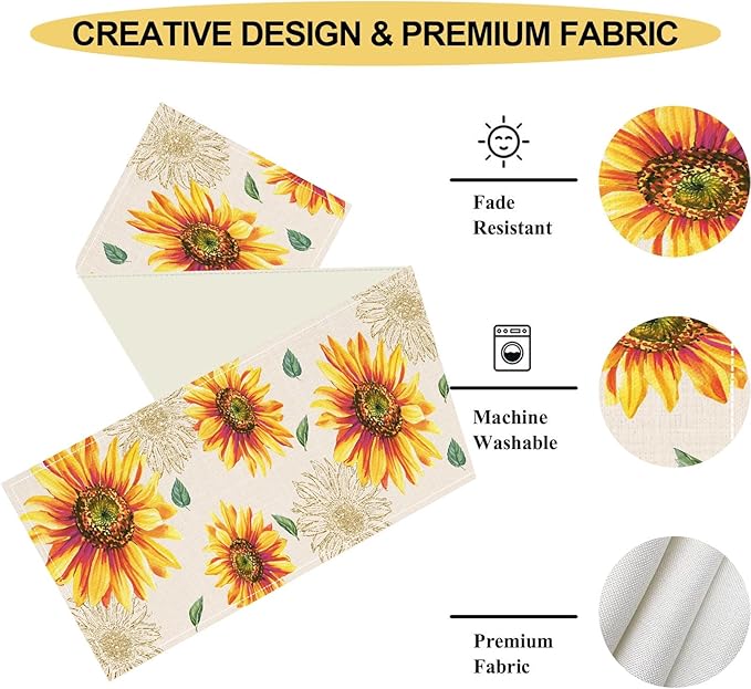 Summer Table Runner, Watercolor Yellow Floral Vase Spring Sunshine Farmhouse Rustic Coffee Table Center Decor for Home Kitchen Dining Patio Indoor Outdoor Table Decorations, 13"x108" Inch