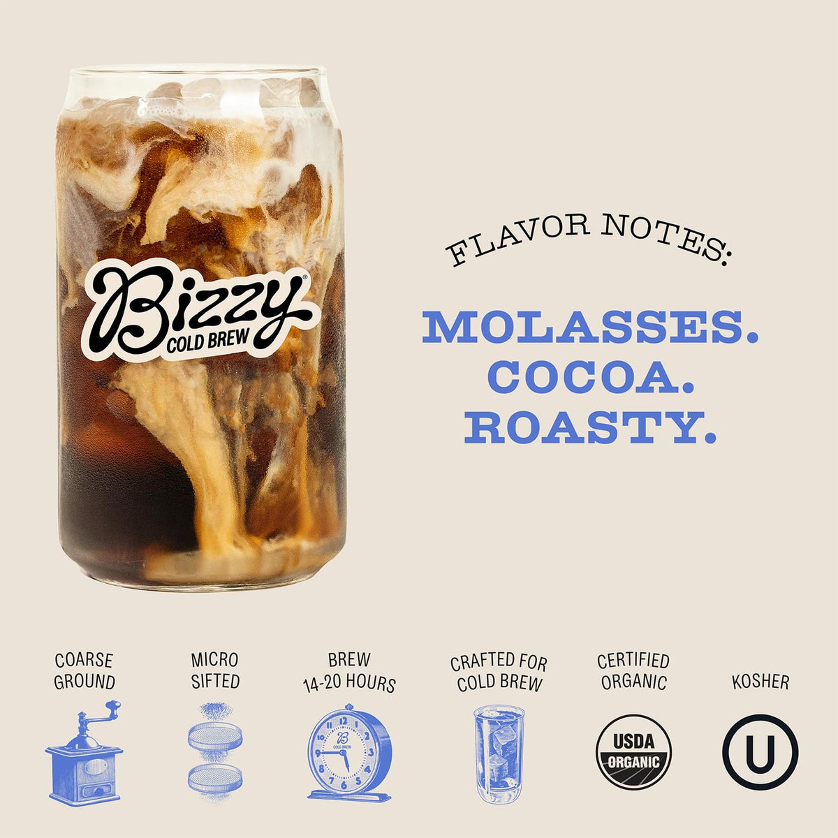 Bizzy Organic Cold Brew Coffee, Dark & Bold Blend, Coarse Ground Coffee, Dark Roast, Micro Sifted, Specialty Grade, 100% Arabica, 1 LB