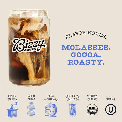 Bizzy Organic Cold Brew Coffee, Dark & Bold Blend, Coarse Ground Coffee, Dark Roast, Micro Sifted, Specialty Grade, 100% Arabica, 1 LB