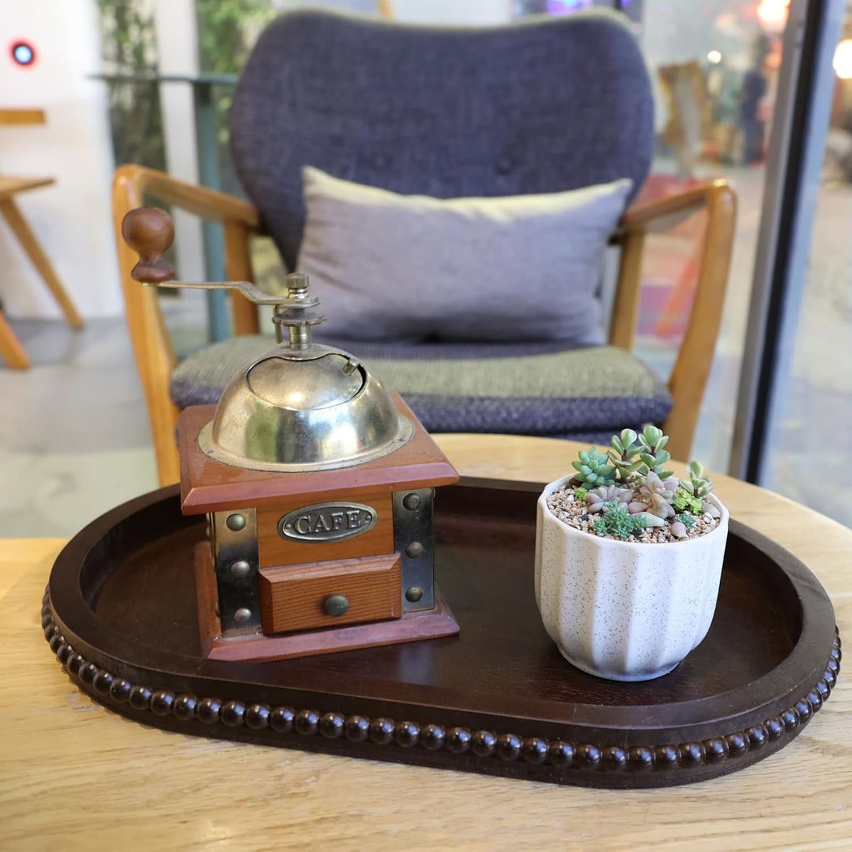 Oval Wood Decorative Tray with Wooden Beads, Vintage Serving Platter Tray for Ottoman, Coffee Table, Entertaining, Kitchen Counter Organizer