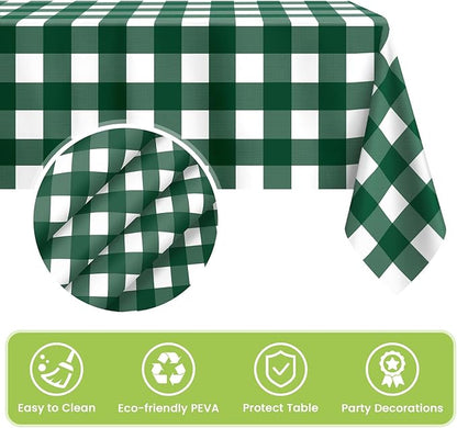 Mulbozy Dark Green Gingham Tablecloth 4 Pack, 54 x 108 Inch Plastic Table Cloth Disposable, Green and White Checkered Table Cover for Party Supplies