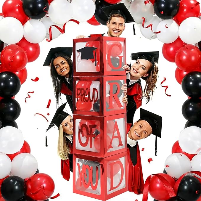 Graduation Decorations 2026,4 Pcs Transparent Balloon Boxes with Letters of GRAD,PROUD OF YOU,Class of 2026 130pcs Red and Black Balloon Arch Kit for High School College 2026 Grad Party Supplies