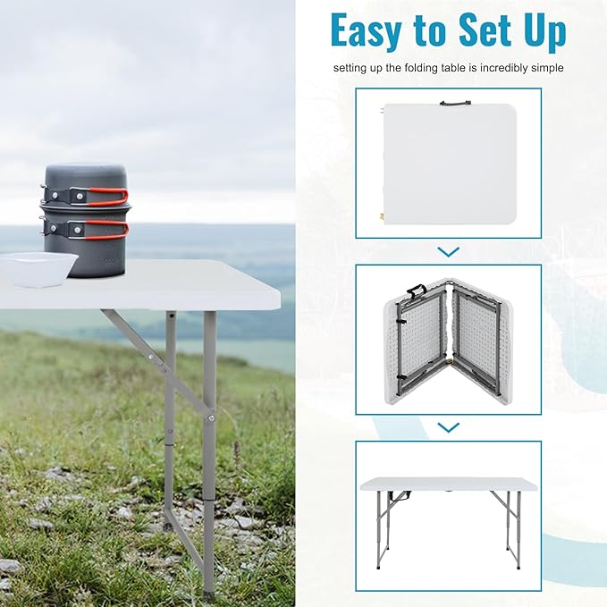 PayLessHere | 4FT Folding Table | Portable Plastic Table with Carry Handle | Waterproof & Foldable Table Design | Steel Frame with Lock | White | for Events, Camping, Indoor & Outdoor Use
