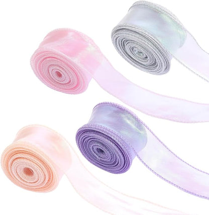 4 Rolls Iridescent Organza Ribbon Sheer 4 Colour Organza Ribbon, Sheer Easter Craft Decorative Ribbons 10 Yards Wired Chiffon Ribbons for Flowers Floral Bouquets Garlands Wedding Gift Wrapping Hair