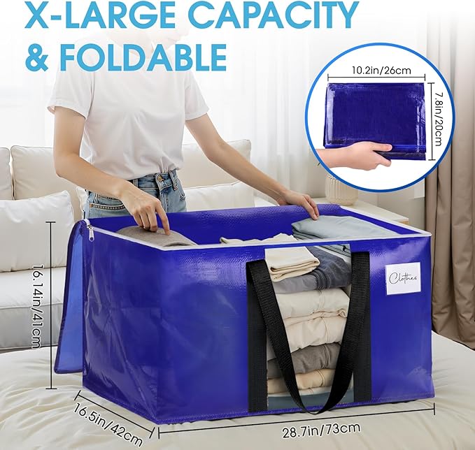 BlissTotes 6 Pack Moving Bags with Clear Window, Storage Bags with Strong Carrying Handles & Zippers,Large Packing Bags for Saving Space, Alternative to Moving Boxes(Blue,33 Gallon)