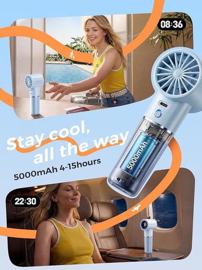 Handheld Portable Fan, 6-Speed Powerful Mini Personal Fan, Rechargeable 5000mAh Battery with Up to 15 Hours Runtime, Pocket Turbo Fan with Smart LED Display, Ideal for Travel, Camping, Makeup