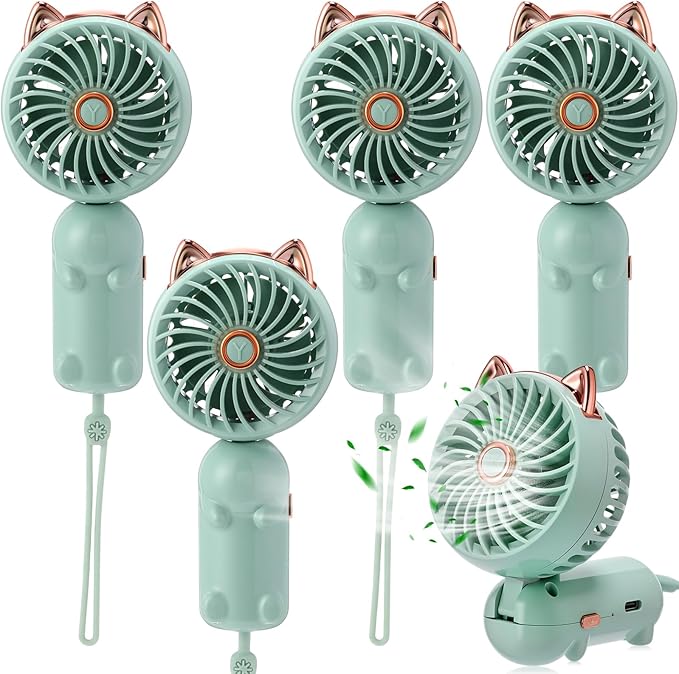 Glooglitter 4 Pcs Mini Handheld Fan Bulk, Green USB Rechargeable Portable Personal Fan, 3 Speed Wind, 180° Adjustable Fold, Cute Cat Ears Design, for Women Girls Indoor Outdoor Travel Camping Supplies