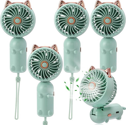 Glooglitter 4 Pcs Mini Handheld Fan Bulk, Green USB Rechargeable Portable Personal Fan, 3 Speed Wind, 180° Adjustable Fold, Cute Cat Ears Design, for Women Girls Indoor Outdoor Travel Camping Supplies