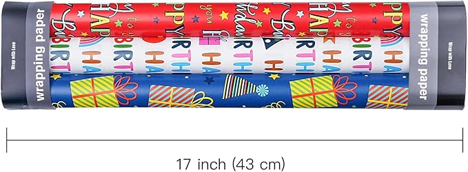 WRAPAHOLIC Birthday Wrapping Paper Roll - 3 Mini Rolls - 17 Inch x 120 Inch Per Roll - Gift Box and Happy Birthday Wrapping Paper for Boys Girls Kids, Baby Shower