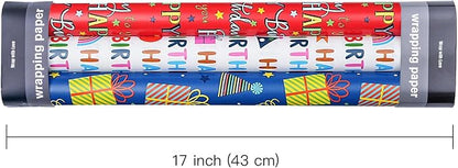 WRAPAHOLIC Birthday Wrapping Paper Roll - 3 Mini Rolls - 17 Inch x 120 Inch Per Roll - Gift Box and Happy Birthday Wrapping Paper for Boys Girls Kids, Baby Shower
