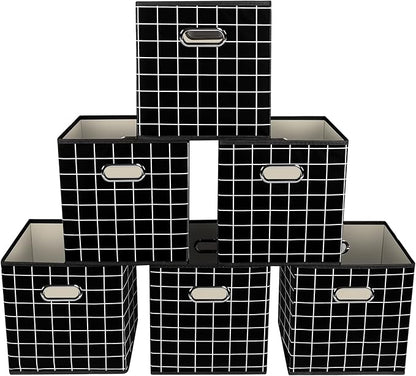 Yunkeeeper storage bins Cubes, Fabric Cube Organizer with Handle, Foldable Cube Bins for Cloth or Accessary Storage, 11x11x11, Set of 6, (Black grid)