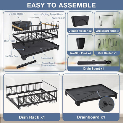 Dish Drying Rack with Drainboard, Rustproof Dish Rack for Kitchen Counter, Large-Capacity Dish Drainer with Cutlery Holder, Sturdy Kitchen Organizer for Dishes, Spoons and Forks