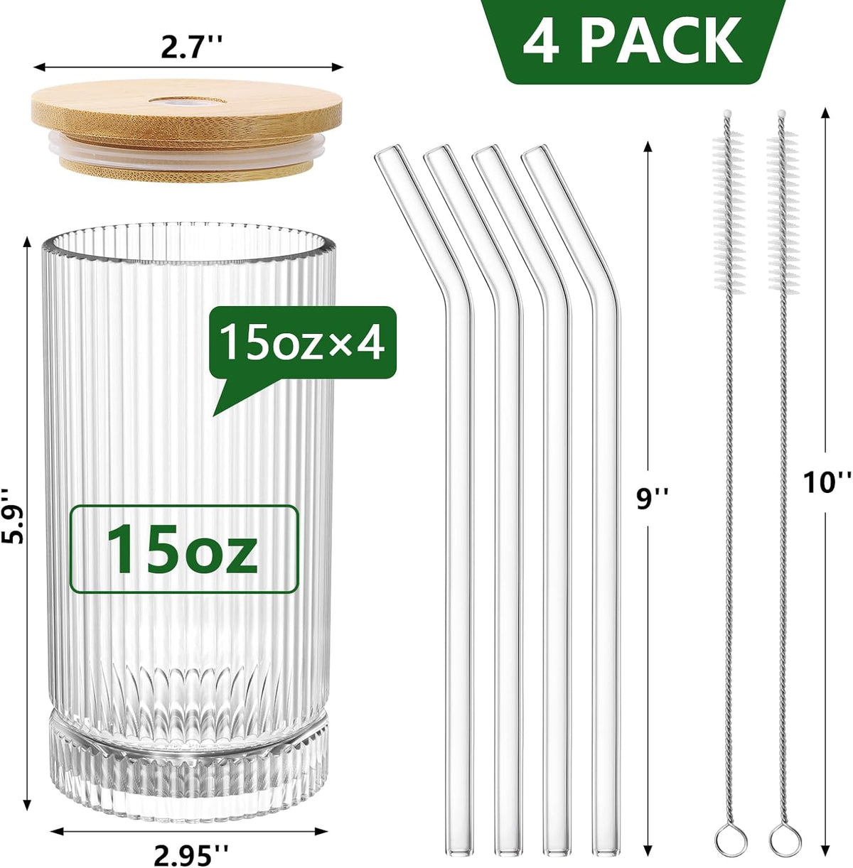 15 Oz Glass Cups with Lid and Straw, Iced Coffee Cups with Lid, Vintage Glassware for Whiskey Cocktail Beer (4 PACK)