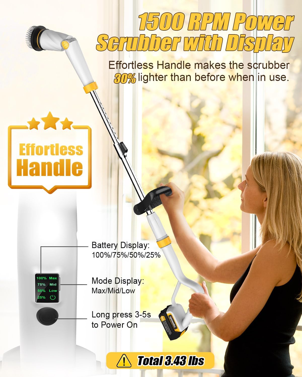 Qimedo Electric Spin Scrubber with Two Batteries Q2 Pro,1500 RPM High Power Electric Scrubber for Cleaning