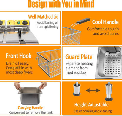 Dual Tank Deep Fryer 20L(21.1Qt) 3500 W Fast Heating, with Basket and Lid, 304SS Electric Large Deep Fryer for Home and Commercial, Countertop Deep Fryers