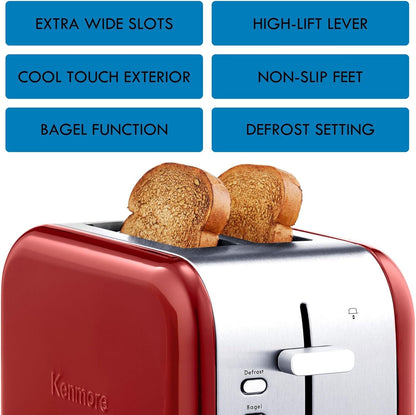 Koolatron Kenmore 2-Slice Toaster, Stainless Steel, Red and Silver, with Extra Wide Slots, Self-Adjusting Bread Guides, Defrost, Bagel and Removable Crumb Tray, Small (KKTS2SR AZ)