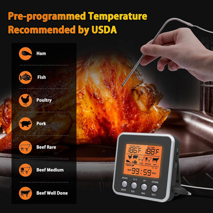 Digital Meat Thermometer for Oven, Food Thermometer with Large LCD, Backlight, Kitchen Timer, Temperature/Time Alarm for Smoker, BBQ, Barbecue
