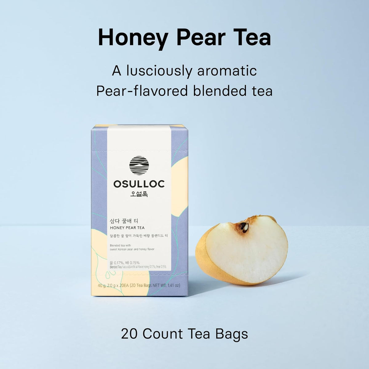 Osulloc Honey Pear Tea (Sweet Pear & Honey Flavor), Fruit tea Blend, Premium Teabags from Jeju Island, 20 count