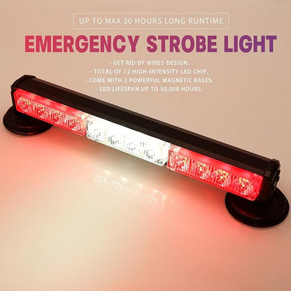 14" Red/White Battery Powered Police Firefighter Emergency Strobe Lights Bar for Trucks/Vehicles Rechargeable Wireless Rooftop Mini Hazard Flashing LED Beacon Warning Light w/Magnetic Base