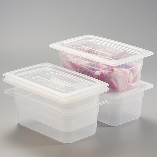 CURTA 4-Pack 1/4 Size 4" Deep Food Pan with Handled Lid – NSF Listed Commercial-Grade Translucent Polypropylene, Stackable Freezer-Safe Storage for Restaurants, Catering & Buffets