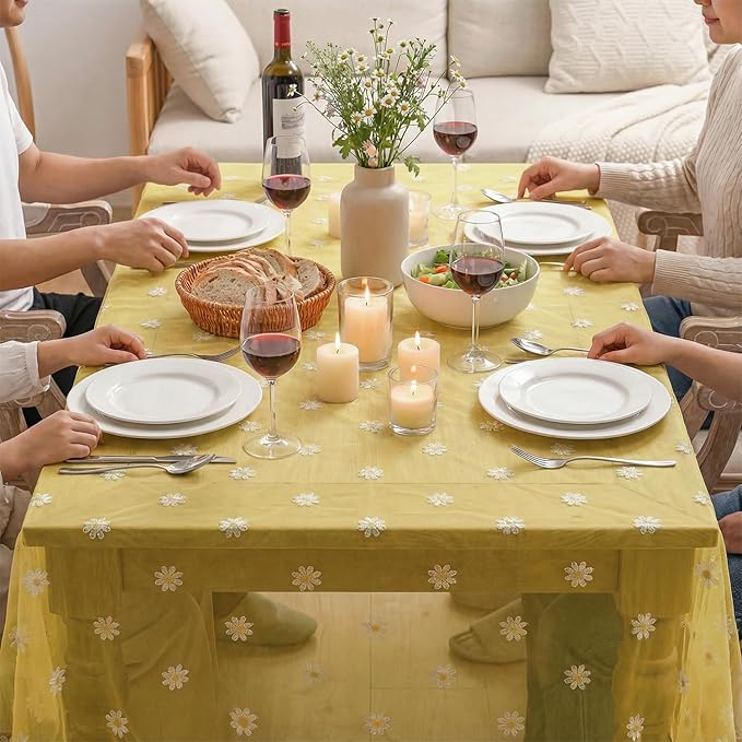 Horaldaily Yellow Embroidery Daisy Spring Summer Gauze Tablecloth 60×104 Inch Rectangular, Seasonal Tulle Table Cover, Garden Party Decorations for Wedding, Party, Holiday Dining