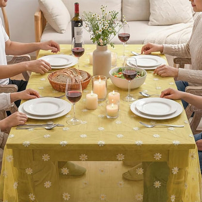 Horaldaily Yellow Embroidery Daisy Spring Summer Gauze Tablecloth 60×104 Inch Rectangular, Seasonal Tulle Table Cover, Garden Party Decorations for Wedding, Party, Holiday Dining