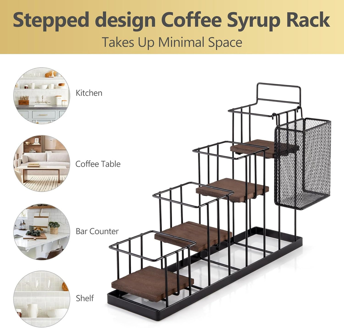 Coffee Syrup Rack Organizer, with Rustic Wood Holder Coffee Station Bar Accessory for Syrup, Wine