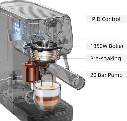 MAttinata 1663L Espresso Machine 20 Bar, 10mm Steam Wand for Milk Frother | Pressure Gauge, Italian Pump Coffee Maker, PID Smart Control, Compact Cappuccino Machine, Latte Art, Stainless Steel, Black
