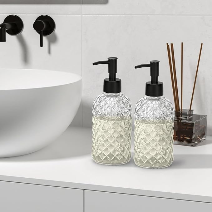 13.5Oz Gem Design Soap Dispenser with Plastic Pump, Refillable Glass Soap Dispenser for Hand Soap, Dish Soap, Lotion (Crystal Clear)