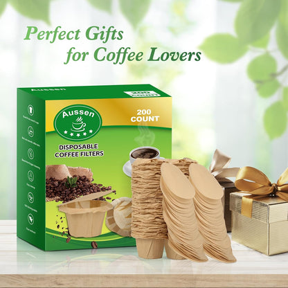 Aussen Disposable Coffee Paper Filters, Fits All Reusable K-Cup Coffee Pods | Replacement Kerig Filter, Works with Keurg Brewers Reusable Single Serve 1.0 &amp; 2.0, Tear Resistant, Natural with Lid, 200 Ct