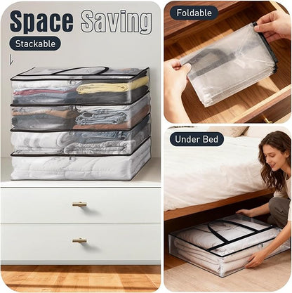 Clear Under Bed Storage Containers - 4 Pack Large Capacity Clothes Storage Bags with Lid & Sturdy Handles, Foldable Moving Bags, Clothing Organizer Totes for Bedding, Comforter, Sheet（90 L）