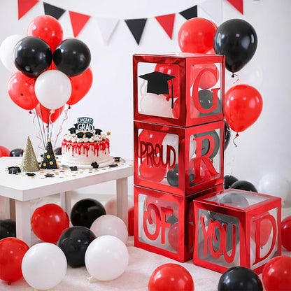 Graduation Decorations 2026,4 Pcs Transparent Balloon Boxes with Letters of GRAD,PROUD OF YOU,Class of 2026 130pcs Red and Black Balloon Arch Kit for High School College 2026 Grad Party Supplies