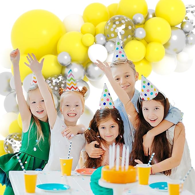 Yellow White Silver Balloon Garland Arch Kit, 122Pcs Yellow White Metallic Silver Latex Balloons for Baby Shower Wedding Birthday Graduation Anniversary Bachelorette Party