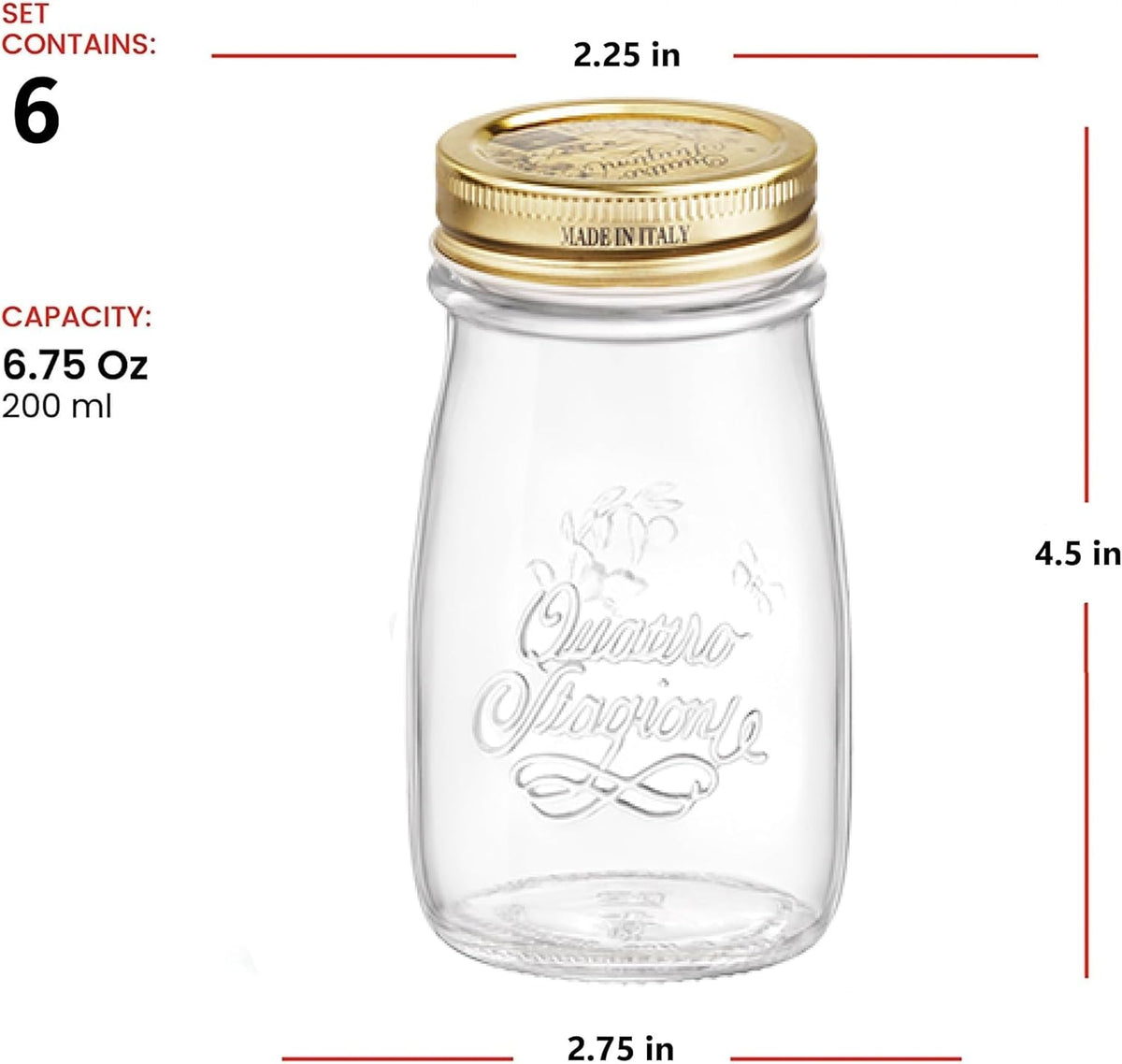 Bormioli Rocco Quattro Stagioni Small Bottles, Set of 6-6.75 Oz. Embossed Reusable Glass Jars with Airtight Lid, For Food Prep, Sauces