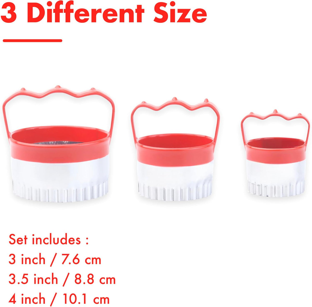 3 Pcs Fluted Round Biscuit Cutters with Handle 3" 3.5" 4", Scalloped Biscuit Cookie Cutter Set, 0.4mm Stainless Steel, 2-Inch Deep Design
