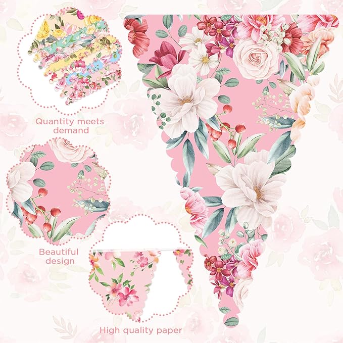 Faccito 49 Ft 5 Pcs Tea Floral Party Paper Bunting Decor Outdoor Bunting Banner Outdoor Vintage Bright Floral Paper Wildflower Garland Garden Theme Tea Party Bridal Shower Decorations for Women