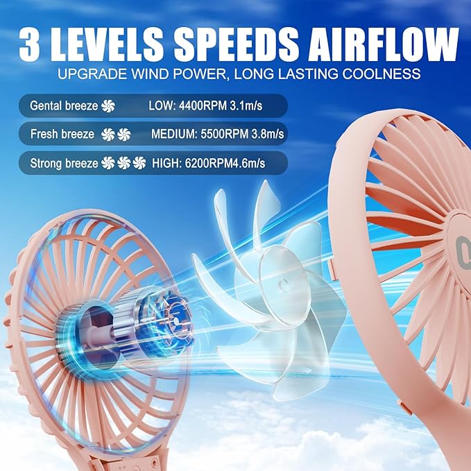 QQT Mini Handheld Fan, Small Personal Fan with 3 Speeds, Portable Battery Operated, USB Rechargeable Makeup Eyelash Dryer, Strong Airflow for Travel, Office, Outdoor, Women, Men, and Kids(Pink)