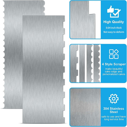2 Pieces 8.7 Inche Stainless Steel Cake Scraper，Double Sided Patterned Edge Stripe Edge Smoother Scraper Cake Decorating，Cake Decorating Comb Cake Scraper (2, 2)