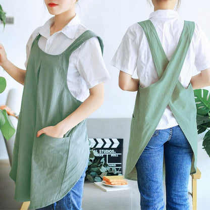 NEWGEM Japanese Linen Cross Back Cooking Aprons for Women Men with Pockets Cute for Baking Kitchen