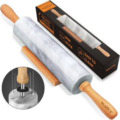 Walfos Marble Rolling Pin With Wooden Handles & Wood Cradle, 16.5 Inch Marble Rolling Pins For Making Pizza Dough And Tortillas