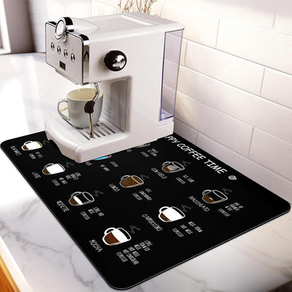Matace Designer Coffee Bar Mat, Large 16 x 24 Inches, Rubber Backing, Absorbent Dish Drying Mat for Kitchen Countertop, Heat Resistant, Black