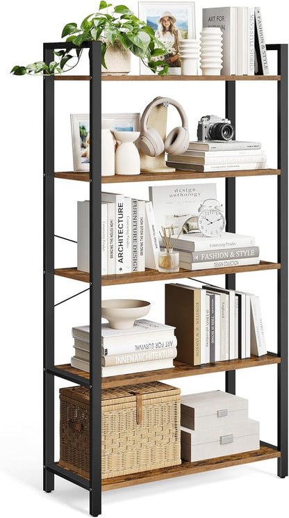 VASAGLE 5-Tier Bookshelf, Bookcase with Steel Frame, Book Shelf for Living Room, Home Office, Study, 11.8 x 31.5 x 60.2 Inches, Industrial Style, Rustic Brown and Ink Black ULLS081B01