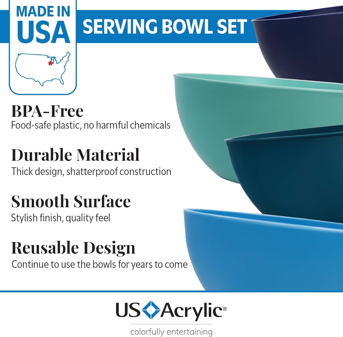 US Acrylic Vista Durable Plastic Salad and Serving 10-inch Bowls, Set of 4 in Coastal Colors, Reusable, BPA-free, Made in the USA, 135 oz. capacity