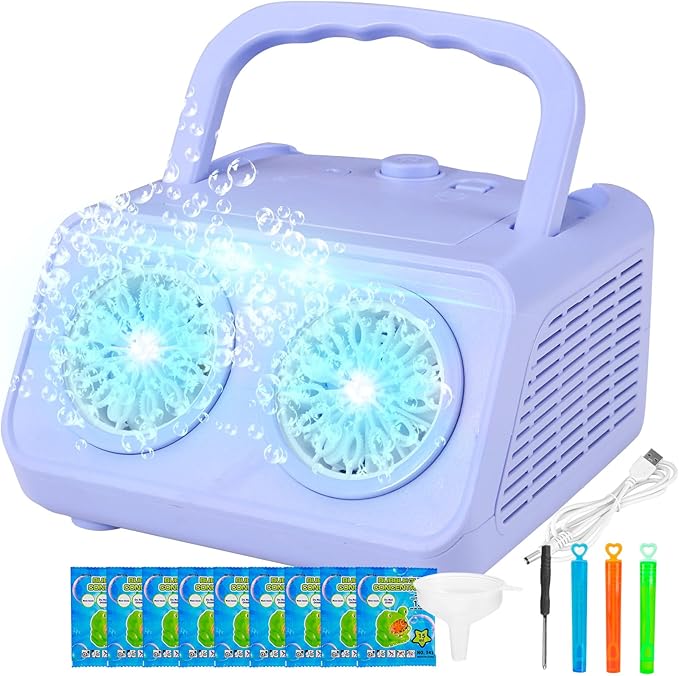 SHCKE Automatic Bubble Machine Upgrade Bubble Blower with 2 Fans,20000+ Bubbles Per Minute, USB-C or Battery Powered,Sealed Bottle, Portable Bubble Maker for Birthday Party Pool Wedding Outdoor