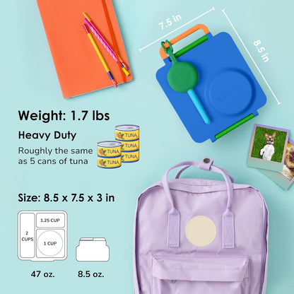 OmieBox Bento Box for Kids - Insulated Bento Lunch Box with Leak Proof Vacuum Insulated Food Jar - 3 Compartments, Two Temperature Zones (Monster Blue)