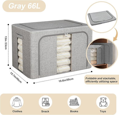 Amiya Clothes Storage Bins with Metal Frame,3-Pack Foldable Linen Fabric Storage Box with Lids, Stackable Organization and Storage Bins with Clear Window,Zippers,Handles(Grey,66L)