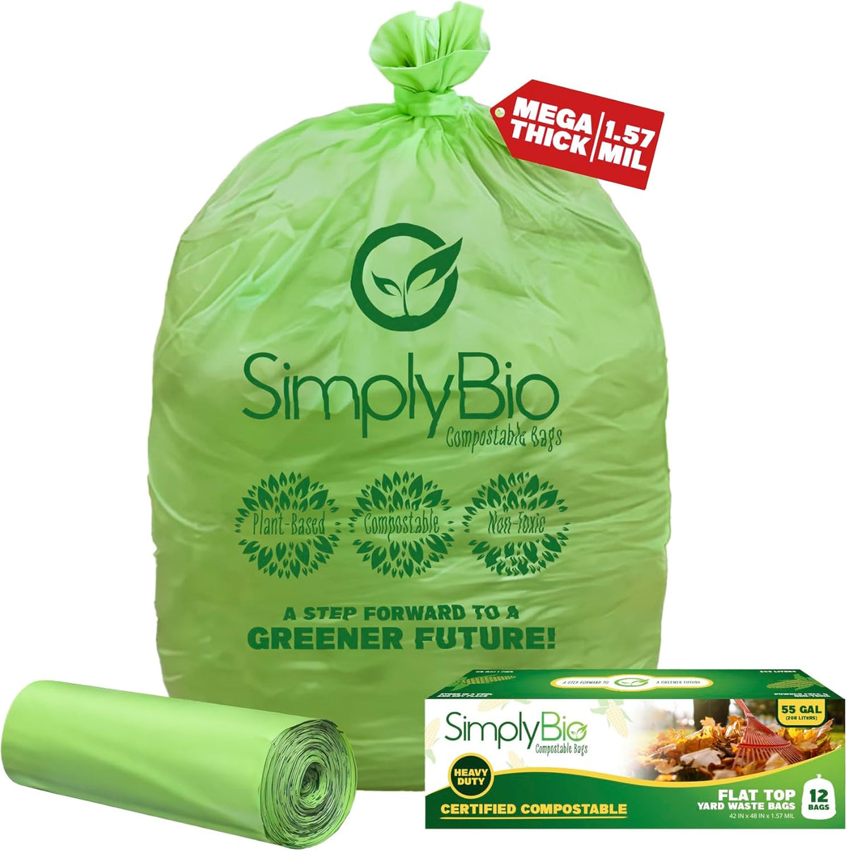 Simply Bio 50-55 Gallon Compostable Trash Bags Liners Flat-Top, Heavy Duty Extra Thick 1.57 Mil, 208.2 Liter, 12 Bags, Lawn, Yard, and Restaurant Use, ASTM D6400, US BPI, OK Compost Home Certified