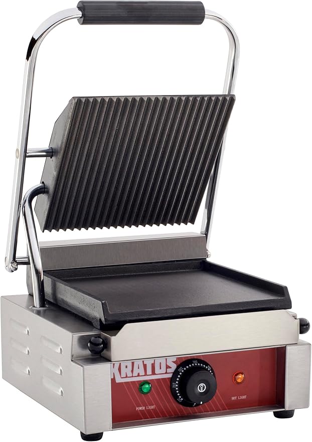 Kratos Commercial Electric Panini Sandwich Grill with Grooved Top and Smooth Bottom Plates, 9" x 9" Cooking Surface, Commercial Countertop Panini Press, 120V, 1750W (29Y-019)